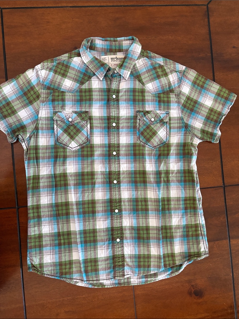 urban pipeline Green, Blue, Brown & White Plaid Snap Front Shirt.